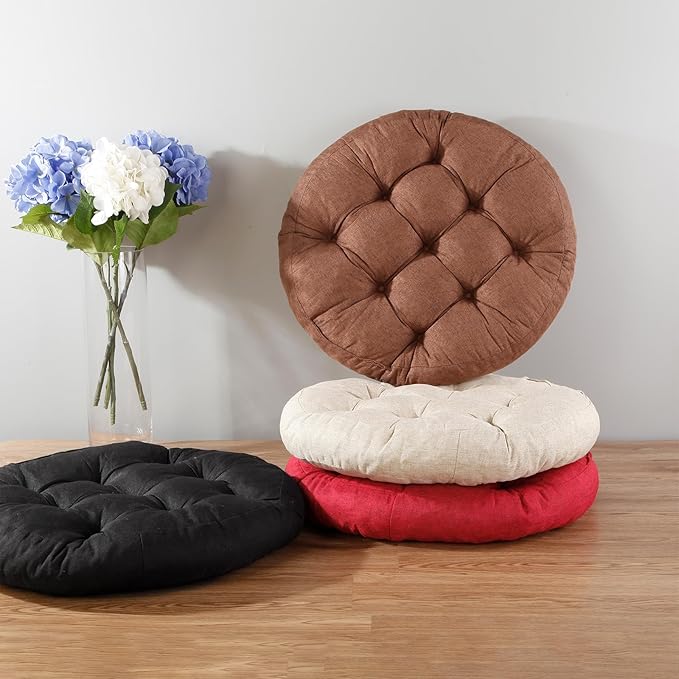 Meditation Floor Pillow, 2 Pack Round Floor Cushions for Adults, Button Tufted Seat Cushions for Yoga Tatami Living Room, Brown, 22 x 22 x 4 in
