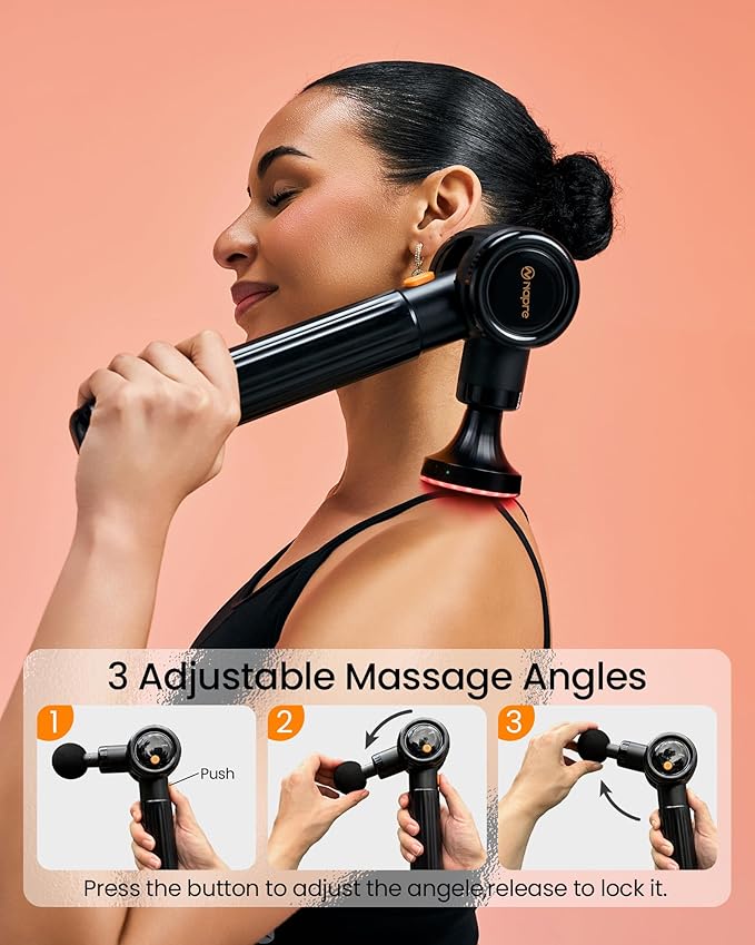 NAPRE Massage Gun with Heat,Massage Gun Deep Tissue with Extension Handle & 3 Adjustable Angles,Handheld Percussion Back Massager for Muscle/Neck/Body Pain Relief with Portable Case,Black - Bloomnest
