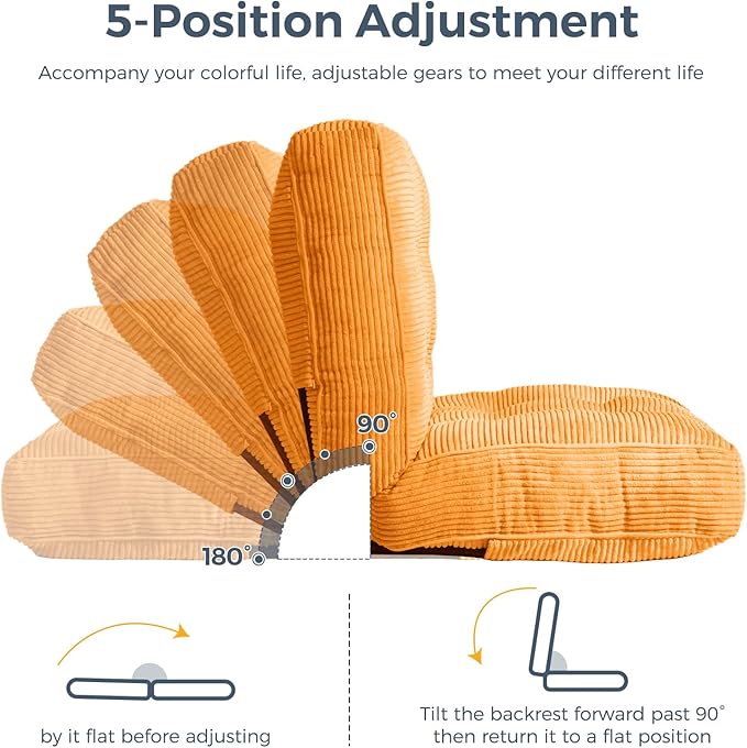 MAXYOYO Adjustable Floor Chair with Back Support, Gaming Floor Meditation Chair with Tufted Cushion, Adults Lounge Couch Folding Sofa Seat for Reading Meditating Sleeping, Orange - Bloomnest