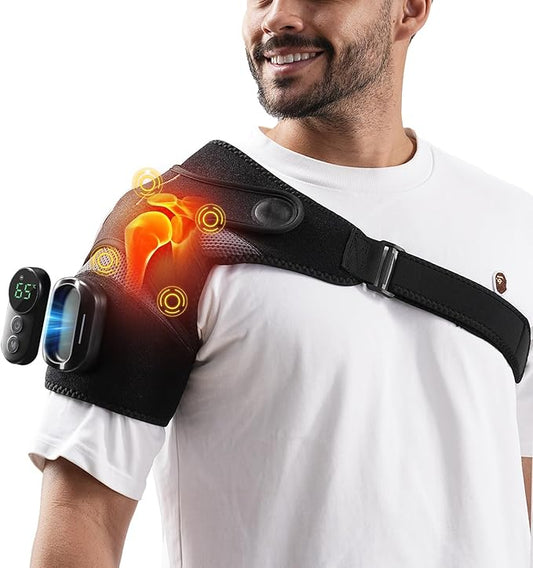 Cordless Shoulder Heating Pad with Magnetic Detachable Remote Control - Heated Massager Shoulder Brace for Pain Relief with 5 Vibration Modes & 5 Heating Levels, Gift for Men Women, Black - Bloomnest