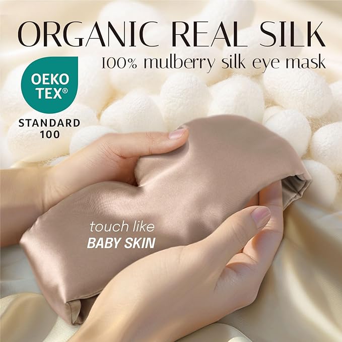 Silk Sleep Mask Soft Pressureless: 100% Mulberry Silk for Eye Skin Anti Wrinkles, Large Size for Total Blackout, Adjustable Wide Velcro Ear Cover