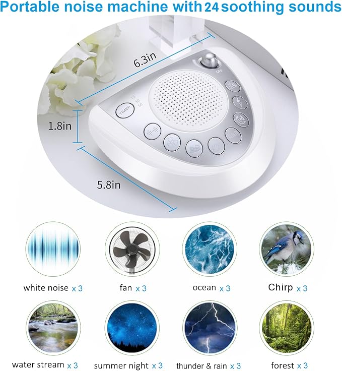 Raynic White Noise Machine, Battery Powered Sound Machine, Portable Sleep Machine with 24 Natural Soothing Sounds, Timer, USB Port, Headphone Jack for Baby, Kids, Adults, Travel, Office, Home (Silver) - Bloomnest