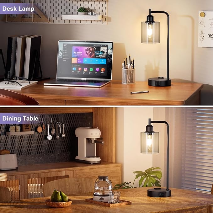 Innqoo Industrial Touch Bedroom Lamps for Bedrooms Set of 2-3-Way Dimmable Table Lamps with USB C+A Ports and Outlet, Bedside Lamps with Gray Glass Shade for Living Room, Desk Lamps for Home Office - Bloomnest