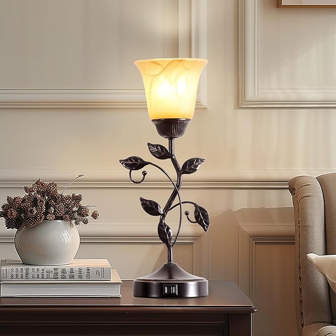 RORIANO Set of 2 Touch Vintage Table Lamps with 2 USB Ports, 3-Way Dimmable Nightstand Flower Lamps, Amber Glass Shade Rustic Leaf Lamp for Living Room Bedroom, LED Bulb Included (Bronze) - Bloomnest