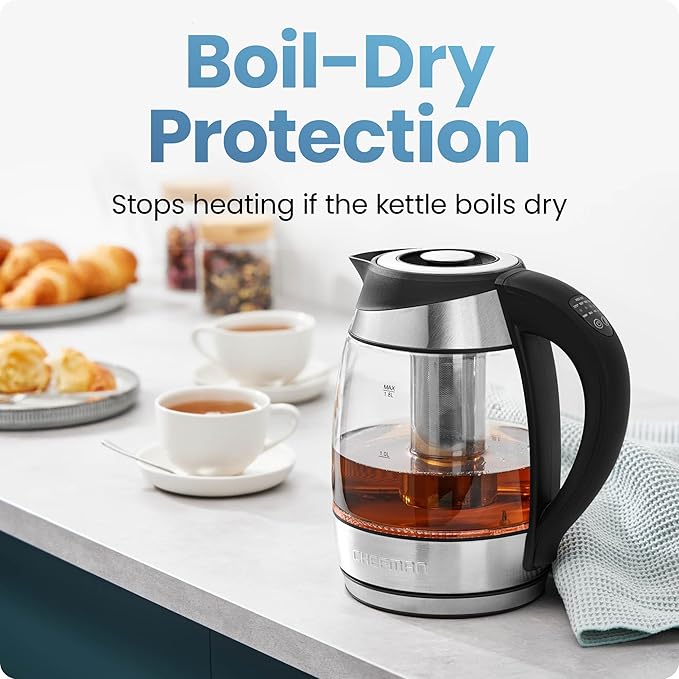 Chefman Electric Kettle with Temperature Control, 5 Presets LED Indicator Lights, Removable Tea Infuser, Glass Tea Kettle & Hot Water Boiler, 360° Swivel Base, BPA Free, Stainless Steel, 1.8 Liters - Bloomnest
