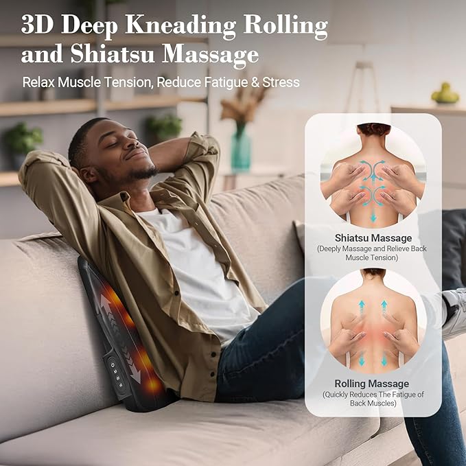 Cordless Shiatsu Back Massager - Lower Back Massager for Pain Relief Deep Tissue, Movable Massage Head, Lumbar Massager with Heat, Rechargeable Massager - Bloomnest
