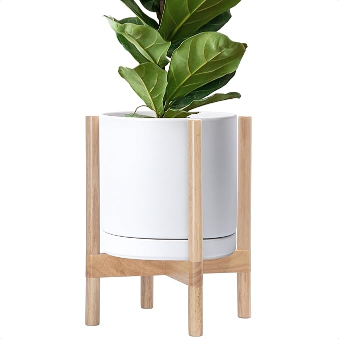 D'vine Dev Ceramic Planter with Natural Stand - 12 Inch Modern Round Flower Pot with Wood Planter Holder, White, 55-B-J-1 - Bloomnest