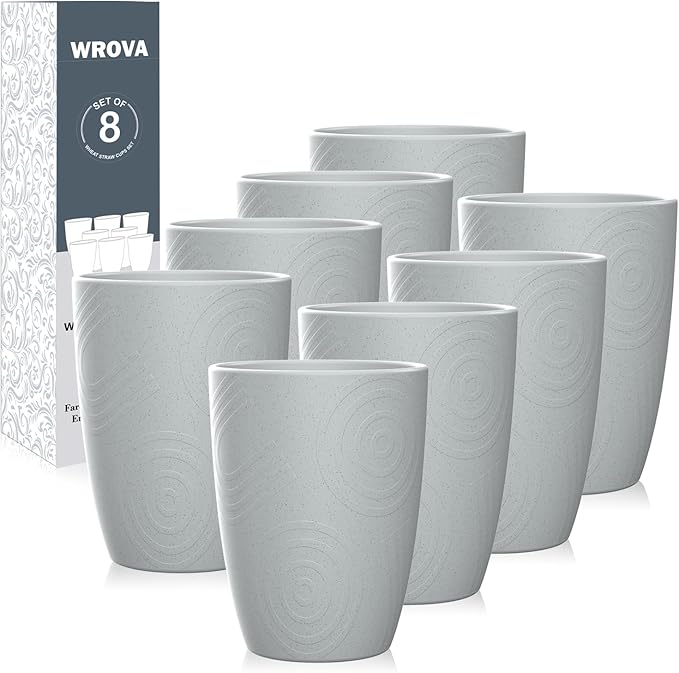 Wheat Straw Cups 8 PCS Good Alternative to Plastic Reusable Cups 12 oz Unbreakable Drinking Cup Reusable Dishwasher Safe Water Plastic Glasses Light Grey - Bloomnest