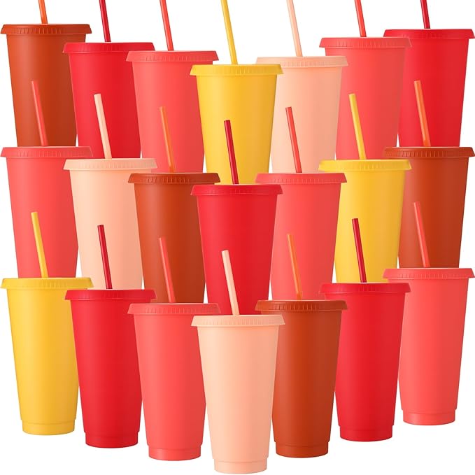Honeydak 30 Pack Tumbler with Straw and Lid Bulk Water Bottle Iced Coffee Travel Mug Cup Reusable Plastic Cups for Party Birthdays 24-27 oz (Fall Color) - Bloomnest