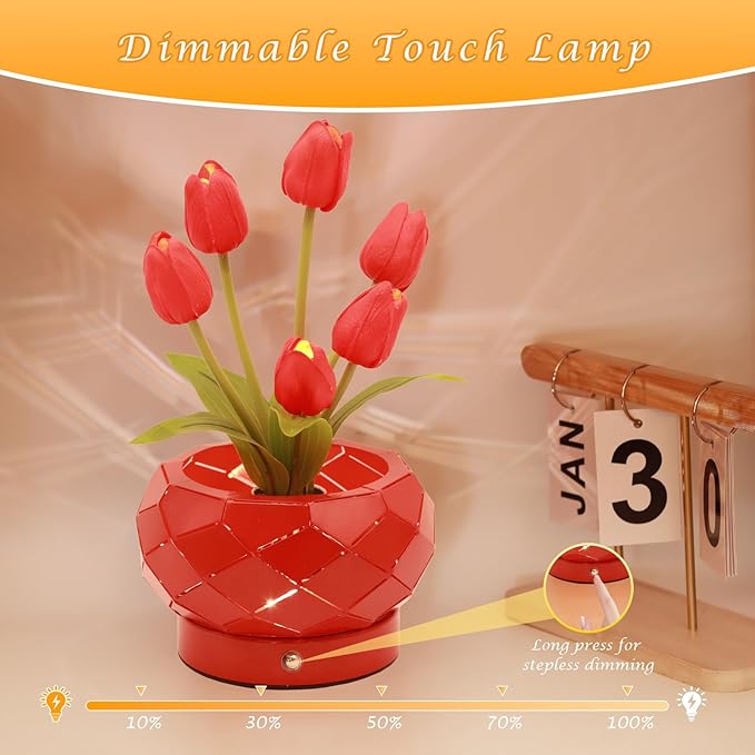 Birthday Gifts for Women,Tulips Flower Touch Lamp,Rechargeable Cordless Lamps 3-Colour Dimming Small Night Light for Festival,Restaurant,Bedroom,Office Home Decor Gifts for Mom - Bloomnest
