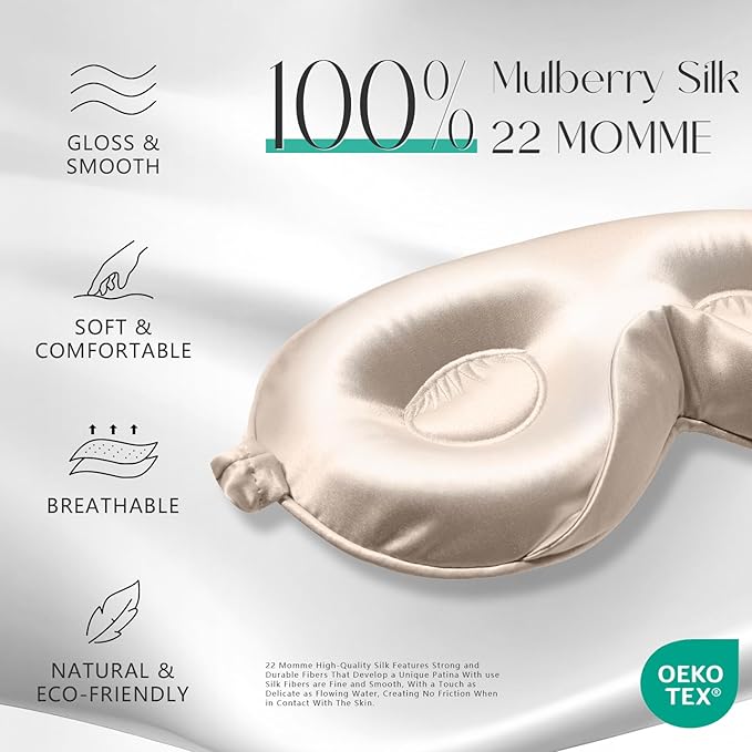 ZIMASILK Adjustable 22 Momme 100% Mulberry Silk Sleep Mask, Upgraded 3D Contoured Cup Eye Mask for Sleeping, Super Soft & Breathable Blindfold, Blackout for Deep Sleeping (Beige) - Bloomnest