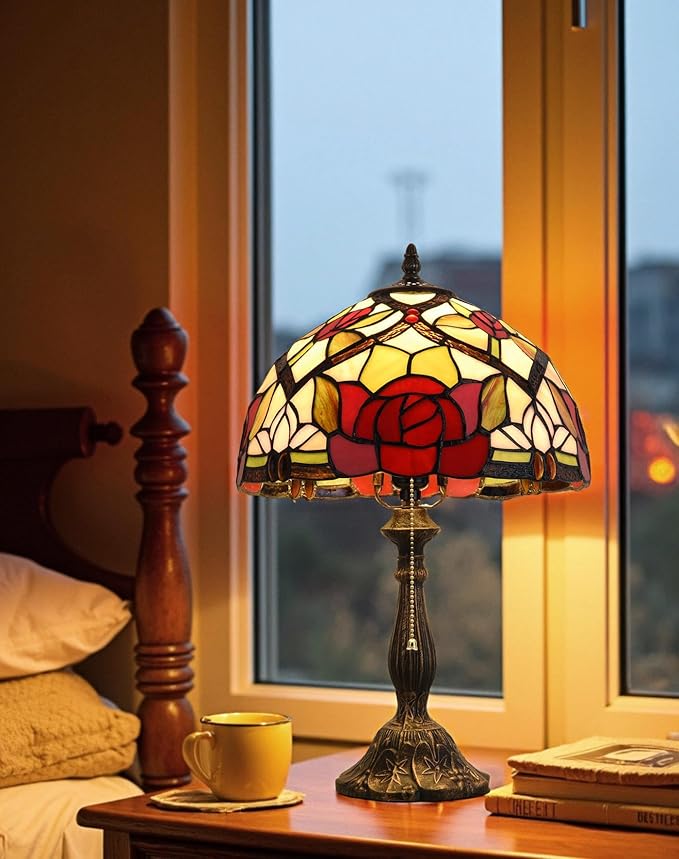 Tiffany Table Lamp, 12-inch Stained Glass Lamp for Living Room, Dining Room, Bedroom, Study Room, Office (Red Rose) - Bloomnest
