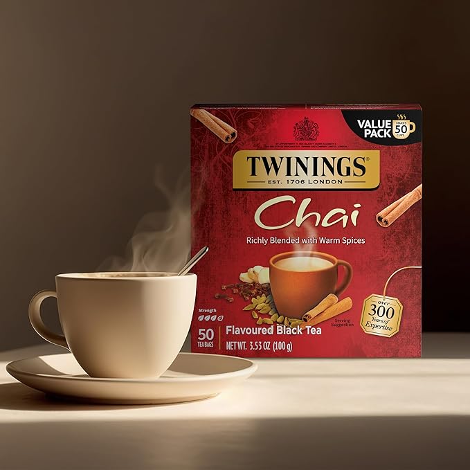 Twinings Chai Black Tea Individually Wrapped Bags, 50 Count (Pack of 6), Sweet, Savoury Spices, Caffeinated, Enjoy Hot or Iced, 300 Teabags - Bloomnest