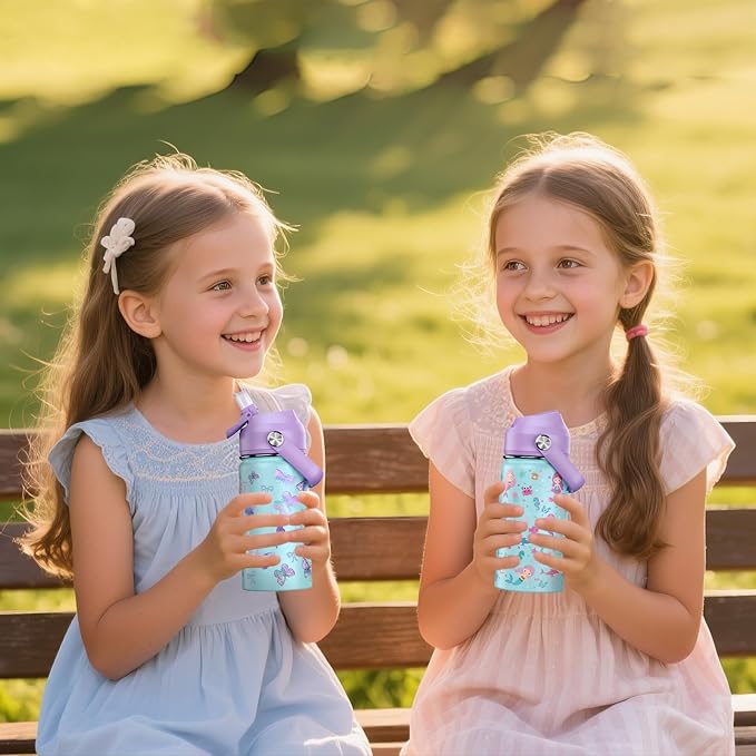 14oz Kids Insulated Water Bottle with Straw Lid - 18/8 Stainless Steel Kid Cup Travel Tumbler Double Wall Vacuum Leak Proof Portable Toddler Water Bottle (Butterfly+Mermaid） - Bloomnest