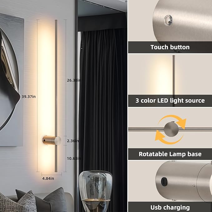 Battery Operated Wall Sconces with Remote, Dimmable 3000K-6000K/Timer/Memory LED Wall Lamp, 350°Rotate, USB Rechargeable Wireless wall lights for Living Room, Bedroom Brushed Nickel 39.3" (2 Pack) - Bloomnest