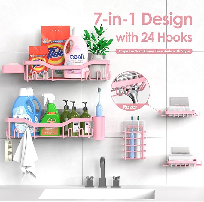 Shower Caddy Adhesive Shower Organizer 7-Pack, Rustproof Stainless Steel Bathroom Shelves, Large Capacity No-Drill Rack Storage Accessories with Soap Dish Toothbrush Holder Hooks - Bloomnest
