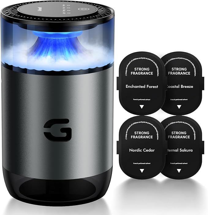 Smart Car Air Freshener Diffuser, Waterless Essential Oil Diffuser with 4 Modes, 4 Scent Refills, Auto On/Off, USB - C Rechargeable Wireless, Ambient Light for Home/Car (5502-Gunmetal Grey) - Bloomnest