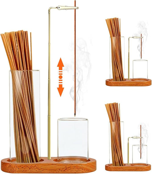 2 in 1 Incense Holder for Sticks(Height Adjustable), Anti-Ash Flying Insence-Sticks Burner with Glass Incense Holder Organizer for Meditation Yoga Spa Home Decor Sage (Golden Metal Rod) - Bloomnest