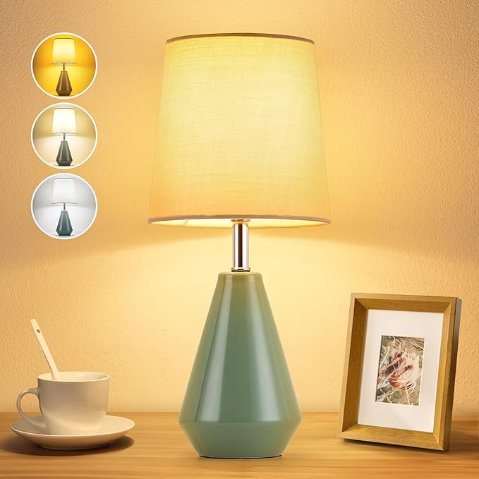 Small Bedside Table Lamp for Bedroom - Reading Desk Lamp with 3 Color Temperatures，15.5" Nightstand Ceramic Lamp with Fabric Shade for Kids Room,Living Room,Dorm,Home Office (Green) - Bloomnest