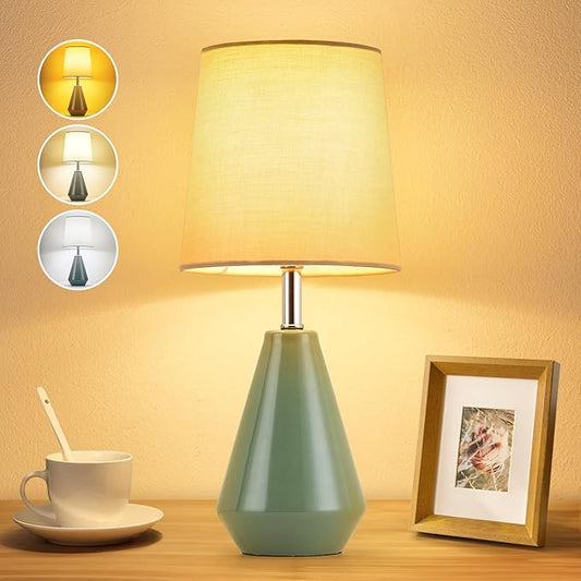 Small Bedside Table Lamp for Bedroom - Reading Desk Lamp with 3 Color Temperatures，15.5" Nightstand Ceramic Lamp with Fabric Shade for Kids Room,Living Room,Dorm,Home Office (Green) - Bloomnest