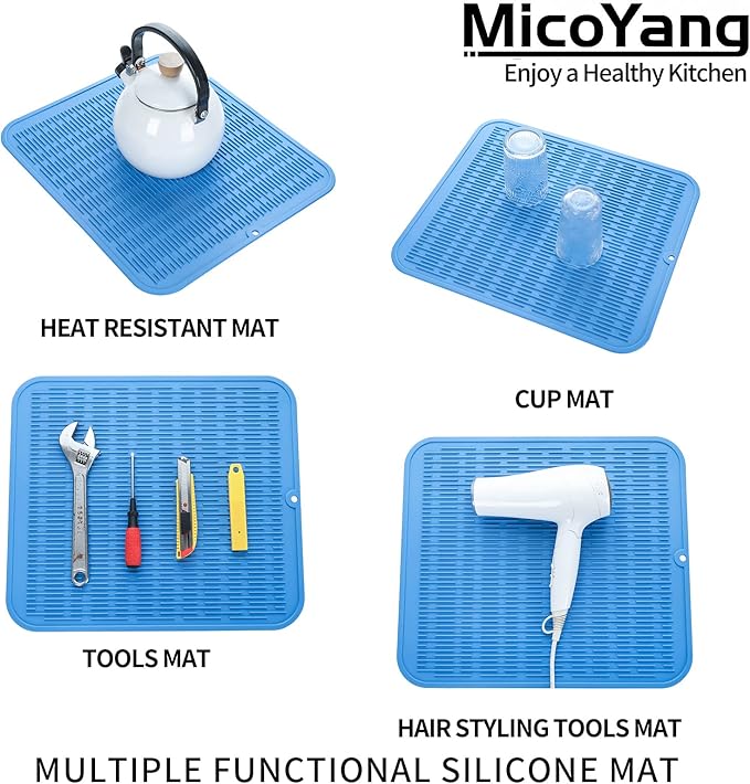 Silicone Dish Drying Mat for Multiple Usage,Easy clean,Eco-friendly,Heat-resistant Silicone Mat for Kitchen Counter or Sink,Refrigerator or Drawer Liner Lichen BlueL XL 18 inches x 16 inches - Bloomnest