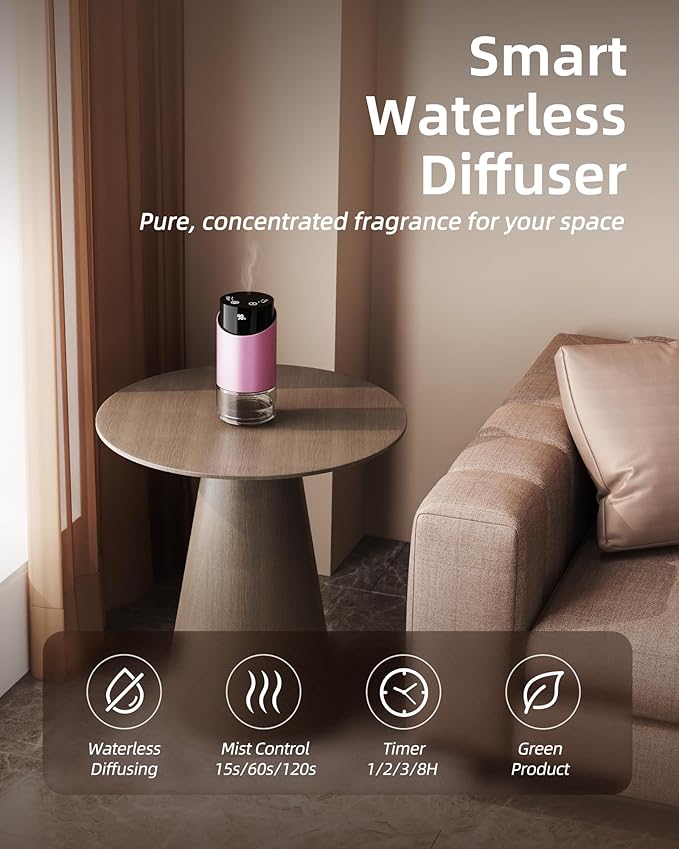 Waterless Essential Oil Diffuser Aromatherapy Scent Diffusers for Home Large Room, Car, Office, Desk, Mini Battery Operated Cordless Air Freshener, 4 Timers & 3 Mist Levels, 100ml Capacity (Pink) - Bloomnest