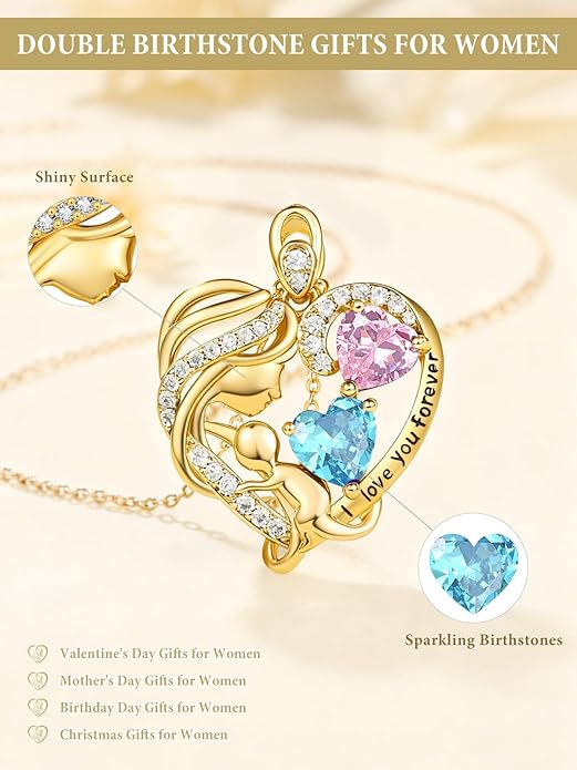 14K Gold Double Birthstone Heart Necklace for Women Mom, Mother Son/Daughter Pendant Necklace for Christmas Mother's Day Birthday Gifts for Wife Daughter Grandmom - Bloomnest
