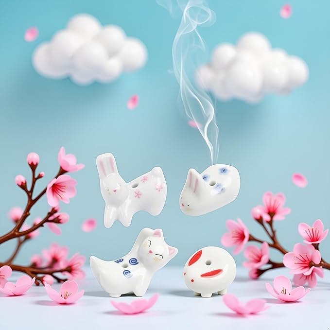 4Pcs Rabbit Cat Ceramic Incense Holder Cute White Animals Incense Sticker Holder Fun Home Decorative Ornaments for Home Room Decoration Yoga Spa Meditation Incense Holders - Bloomnest