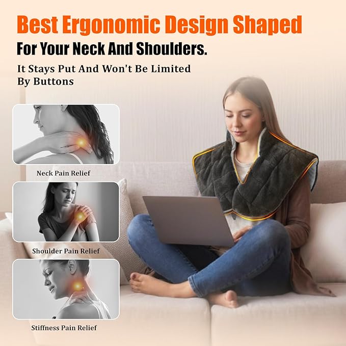 Weighted Heating Pad for Neck and Shoulders and Back,30s Fast Heating for Pain Relief, Ergonomic Heated Wrap, 160℉ Max Temp 8 Heat & 16 Auto-Off Timers,Memory Function,Christmas Gifts for Women,Black - Bloomnest