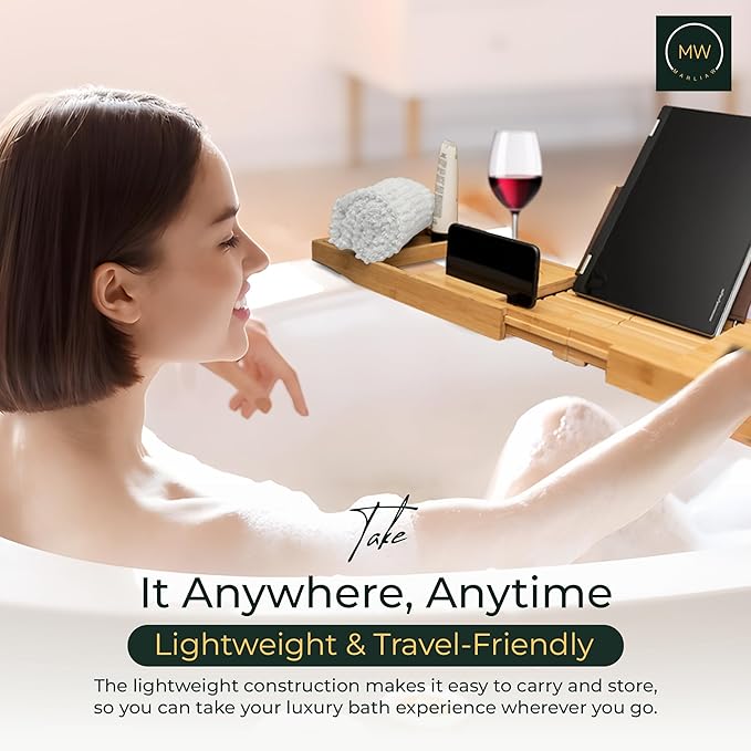 Luxury Foldable Bamboo Bathtub Tray - Wine Glass and Tablet Holder, Spa Bath Caddy for Relaxation, Gifts for Her, Him, Couples, Adjustable and Waterproof, Perfect for Birthdays, Weddings, Housewarming - Bloomnest