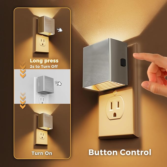 L LOHAS LED Night Light,Night Lights Plug into Wall,[2-Pack] Dimmable Night Light with Light Sensor,3000K Warm White,Silver Nightlight for Bathroom Hallway Kitchen - Bloomnest