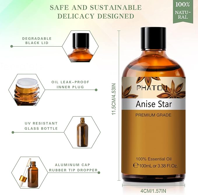 Anise Star 3.38fl.oz Essential Oil, PHATOIL Pure Aromatherapy Oils for Diffuser, Humidifier, Perfect for DIY Soap, Candle, Bath Bombs Making(100ml) PHATOIL