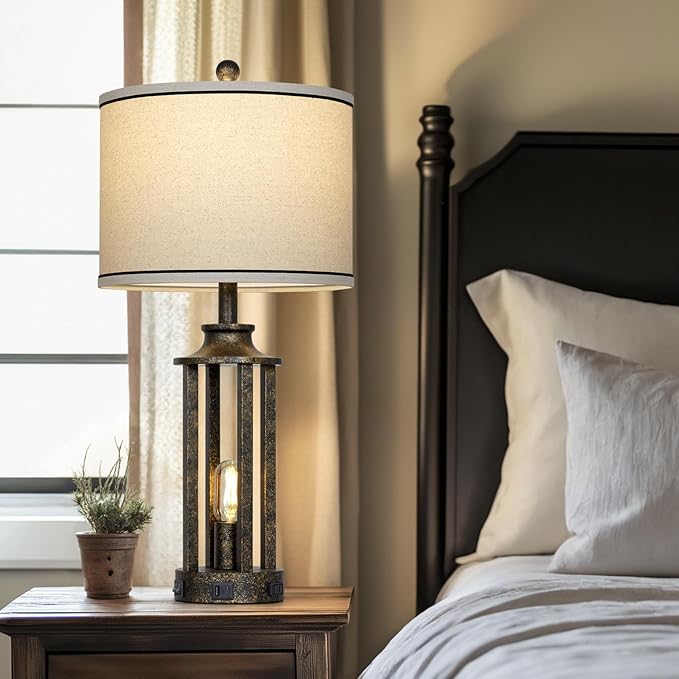 27.5" Bronze Farmhouse Table Lamps for Living Room, Tall Vintage Lamps Set of 2 with USB A+C Charging Port & AC Outlet, Rustic Bedside Lamp with Night Light, Bedroom Lamp for Nightstand Side End Table - Bloomnest