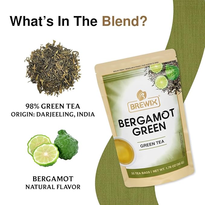 BREWIX, Bergamot Green Tea (25 Pyramid Tea Bags) | Caffeinated Tea Loose Leaf Earl Grey Green Tea With Pure Bergamot | High Elevation Grown - Bloomnest