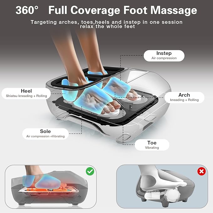 Shiatsu Foot Massager with Heat, Electric Foot Massager Machine for Plantar Fasciitis Neuropathy with Remote Control, Adjustable Vibration and Compression (Black)