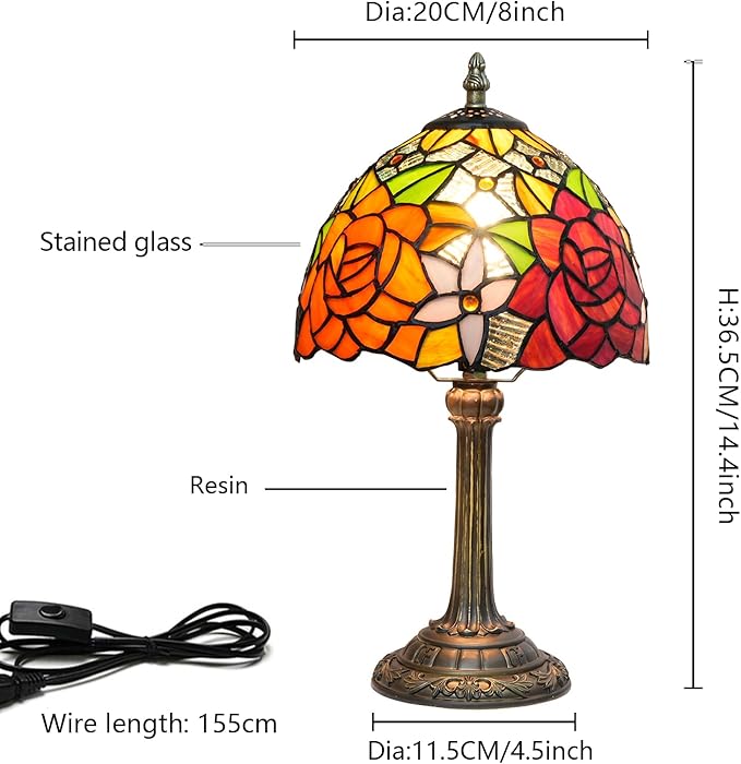 Tiffany Lamp Bedside Table Lamp-Nightstand,Stained Glass Lamp for Bedroom Dorm Living Kitchen, Aesthetic Cute Home Decor Gift (8-inch Rose) - Bloomnest