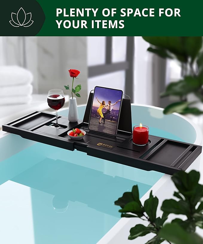 ROYAL CRAFT WOOD Premium Foldable Bathtub Tray - Wood Bath Tray for Tub, Bamboo Shelf, Expandable Bath Table Trays, Bathtub & Bathroom Accessories for New Home & Mothers Day & Birthday Gifts for Mom - Bloomnest