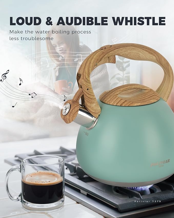 POLIVIAR Tea Kettle, 2.7 Quart Blue Finish with Wood Pattern Handle Loud Whistle Food Grade Stainless Steel Teapot, Anti-Hot Handle and Anti-Rust, Suitable for All Heat Sources JX2025-TB30 - Bloomnest
