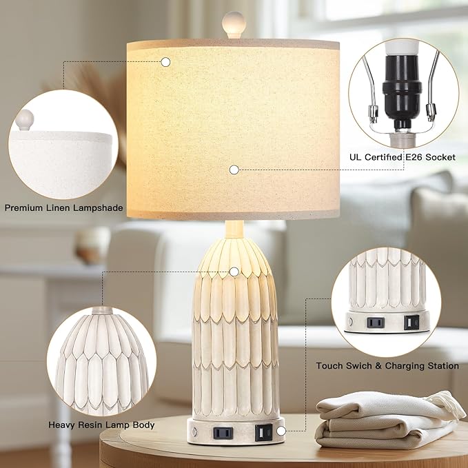 Farmhouse Table Lamps Set of 2, 3-Way Dimmable Touch Lamp for Bedroom Nightstand with USB A+C Ports & AC Outlet, White Vintage Boho Bedside Lamp for Living Room End Table (Bulbs Included) - Bloomnest