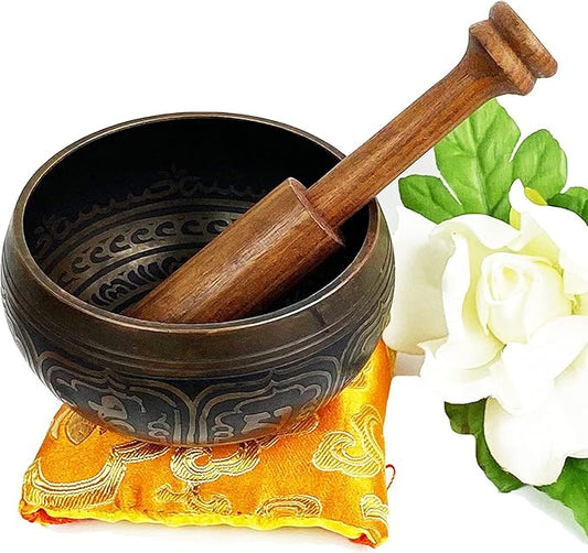 3005 SB 'D' Note Sacral Chakra Antique Tibetan Auspicious Symbol Bowl Set ~ Nepal - Bloomnest