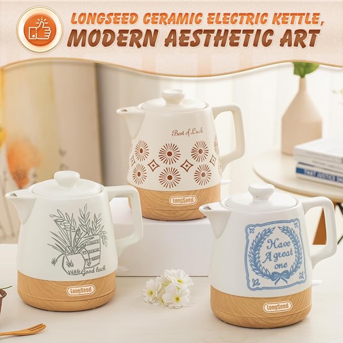 Ceramic Electric Kettle Pot 1 Liter, Teapot Rapid Boil For Coffee & Tea, Hot Water Boiler, Automatic Shut-Off, BPA-Free, Boil-Dry Protection, 1000W