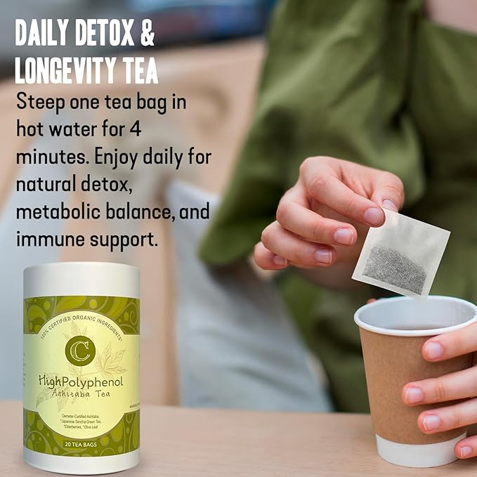 High‑Polyphenol Ashitaba Tea Blend – Demeter Certified Biodynamic U.S. Organic Ashitaba,Sencha Green Tea, with Elderberry & Olive Leaf – 20 Compostable Bags – Perfect for Detox, Metabolic Support - Bloomnest