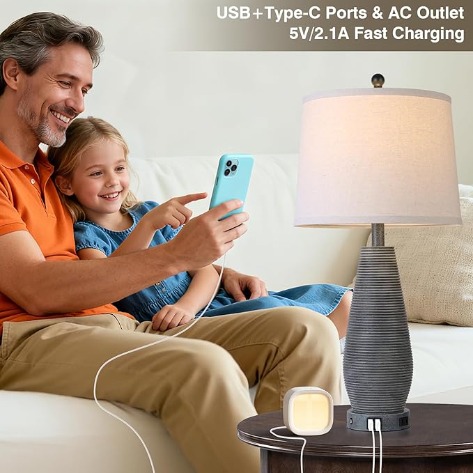 Farmhouse Table Lamps Set of 2 with USB C+A Ports and AC Outlet, 3 Way Touch Rustic Bedside Lamps for Living Room, 26.5" Grey Vintage Lamps for Bedroom Nightstand - Bloomnest