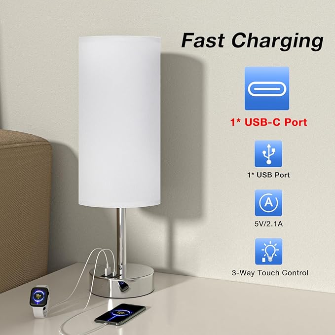 White Bedside Touch Table Lamps for Bedroom Nightstand with USB-C USB-A Charging Ports White, 3 Way Dimmable Control Small Lamp Silver Base for Office, Living Room, Reading - Bloomnest