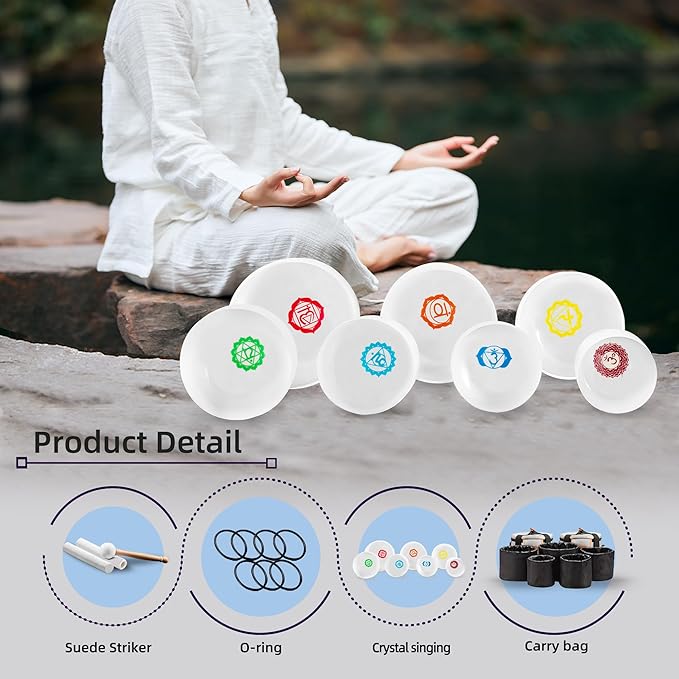 Ryan Dvan 432Hz 7-12 Inch 7 Chakra Design Crystal Singing Bowl Set Frosted Quartz Crystal Sound Therapy Kit with Mallets 2 Cases O-Ring for Yoga Meditation Energy Balancing Reiki Healing - Bloomnest