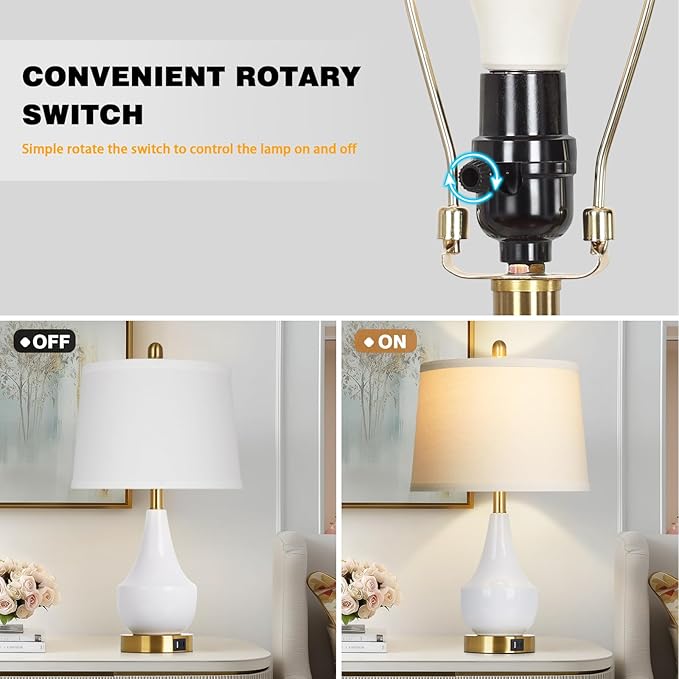 Modern White Table Lamp, 24" Ceramic Table Lamp with USB A+C Ports,Classic Beside Lamps Nightstand Lamp Modern Lamp for Living Room, Bedroom & Office -LED Bulbs Included - Bloomnest