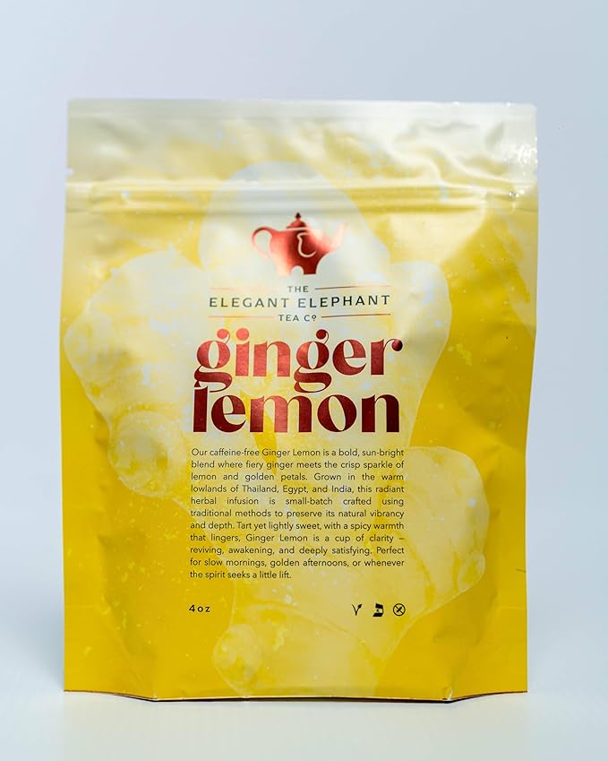 Ginger Lemon Tea, Loose Leaf Herbal Tea – Helps Reduce Nausea and Motion Sickness – Detox & Immunity Support – Drink Hot or Iced – 4 oz Resealable Bag (Makes 50 Cups) – The Elegant Elephant - Bloomnest