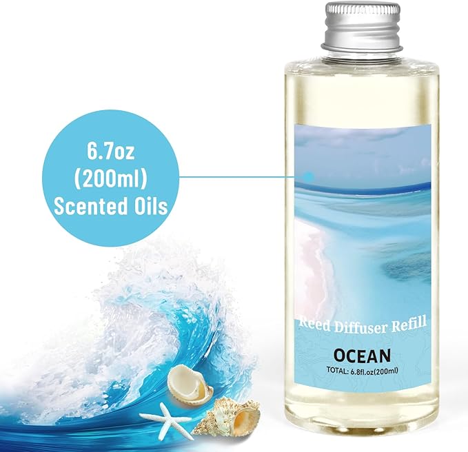 STRN Reed Diffuser Oil Refill, Ocean Scented Diffuser Oil Refills with 6 Reed Sticks 200ML(6.8fl.oz), Room Fresheners for Home, Long-Lasting Fragrance for Living Room, Bedroom, Office, Home Décor - Bloomnest