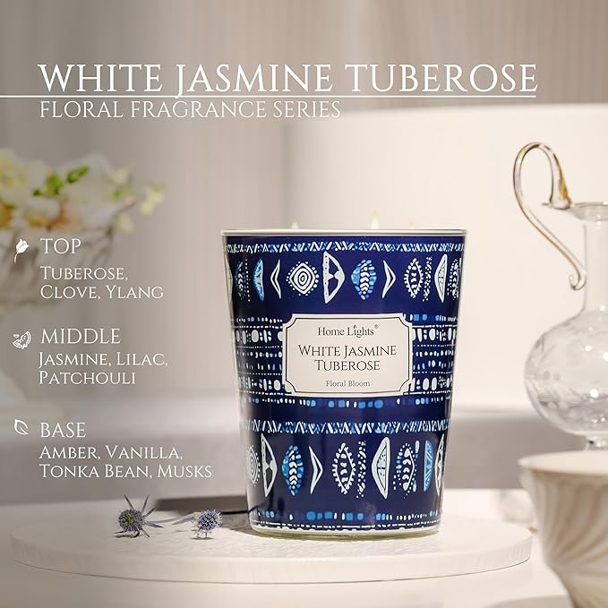 HomeLights Scented Candles for Women & Men, 34oz Candle Jars Aromatherapy 3-Wick Candle, Ideal for Bohemian Natural Textures Home Decor and Gifts, White Jasmine Tuberose - Bloomnest