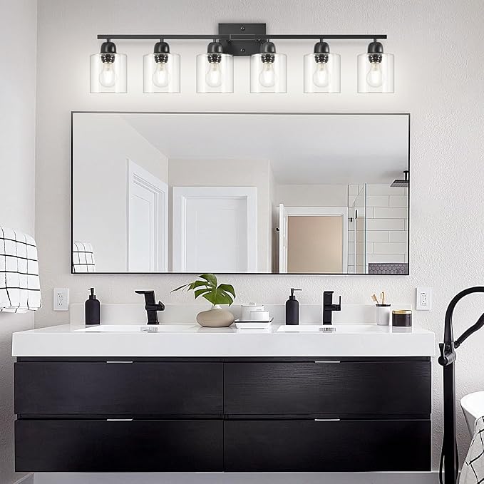 Modern 6 Light Bathroom Light Fixtures,38 inch Vanity Lights for Bathroom with Clear Glass, Black Vanity Light for Mirror Kitchen Living Room Hallway Cabinet Porch - Bloomnest